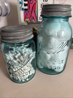 Vintage Mason Blue Ball Perfect Mason Jar with Metal Lid. Set of two.